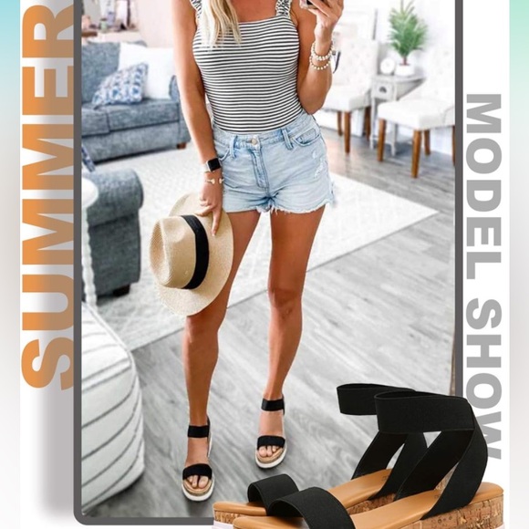 Katliu Women's Wedge Platform Sandals Elastic Ankle Strap Cork Platform Size 8.5 - Picture 2 of 5